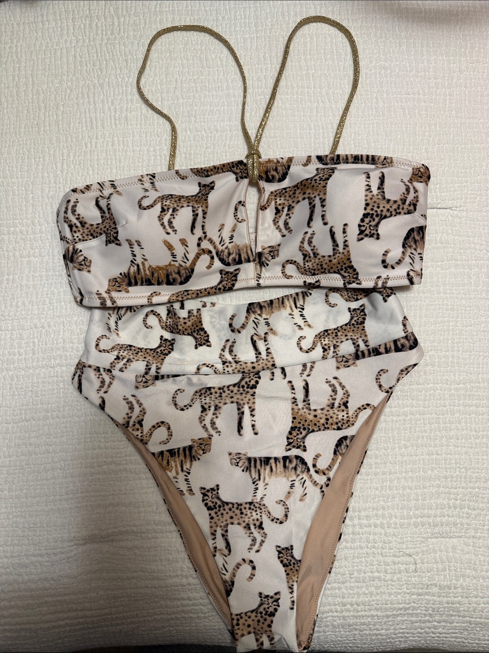 NWT aerie Leopard-Print Bandeau Bikini with Gold Straps